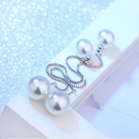 NEW 925 Sterling Silver Pearl Chain Earrings - Picture 2 of 8